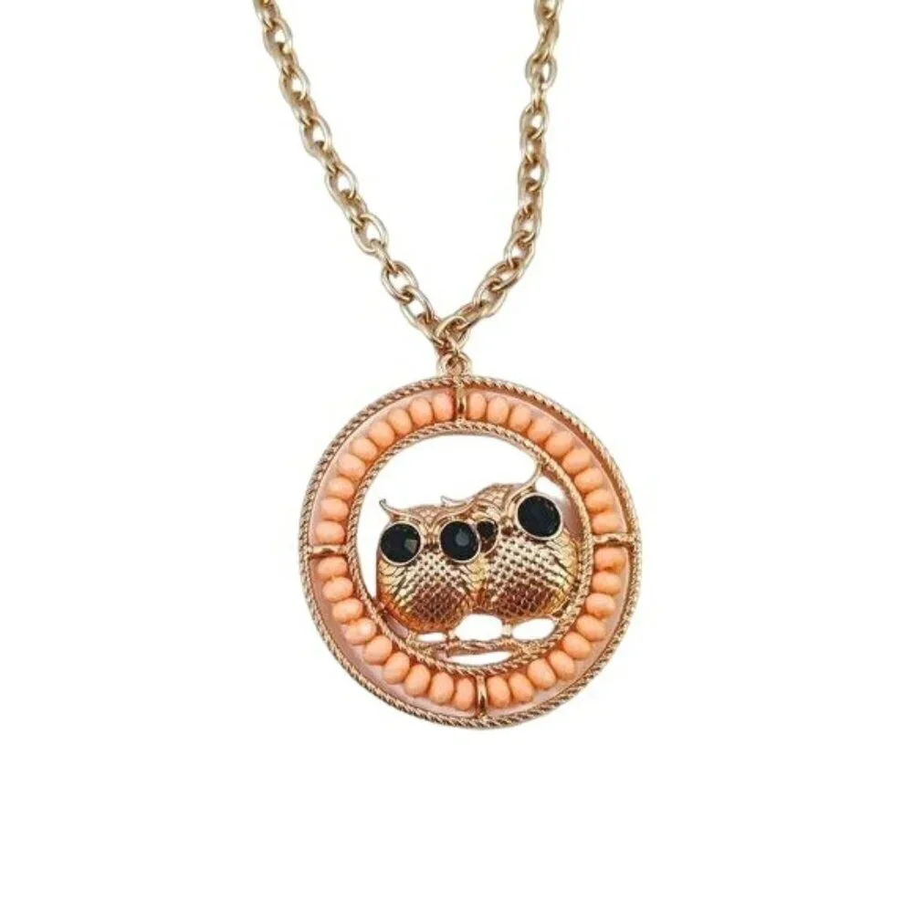 NWT Laila Rowe Long Gold Tone & Peach Owl Necklace